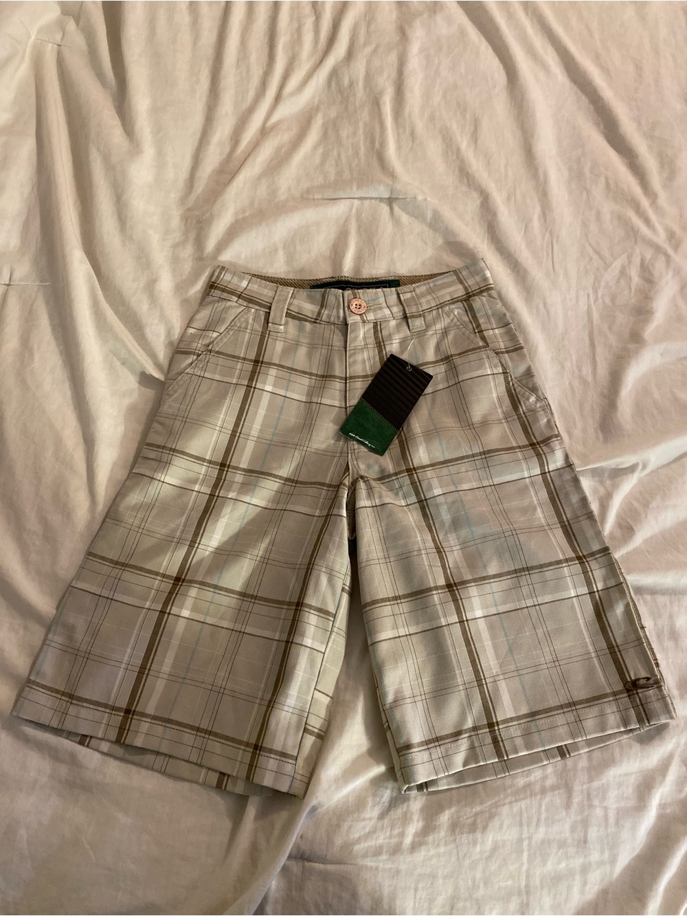 O'Neill Men's Plaid Flat Front Shorts in Light Beige and Brown